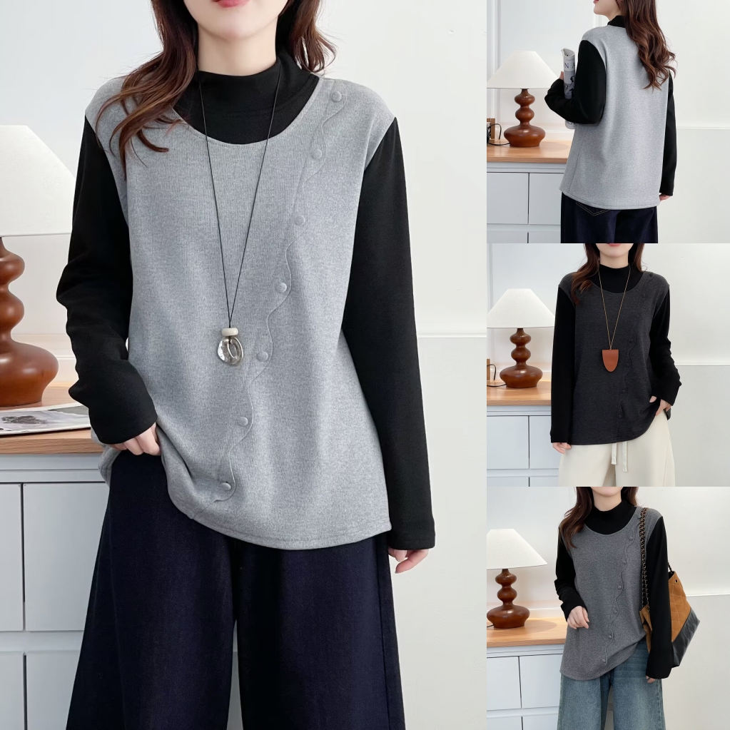 大码女装遮肚子秋冬韩版保暖打底衫设计感撞色斜扣加绒T恤8862