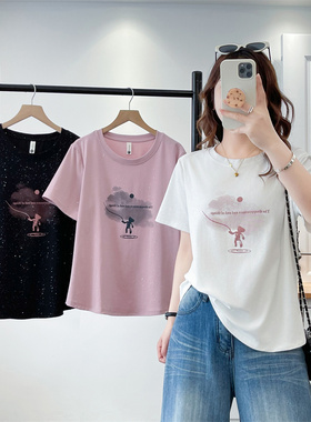 大码胖mm韩版时尚减龄满天星小熊印花T恤女夏季新款百搭上衣2055