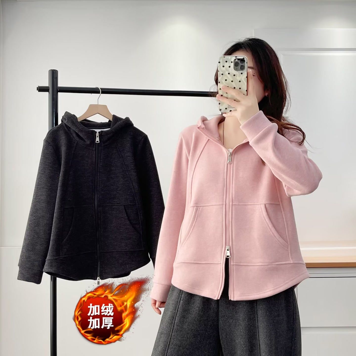 大码女装遮肚子秋冬款加绒加厚连帽外套韩版显瘦卫衣时尚上衣760