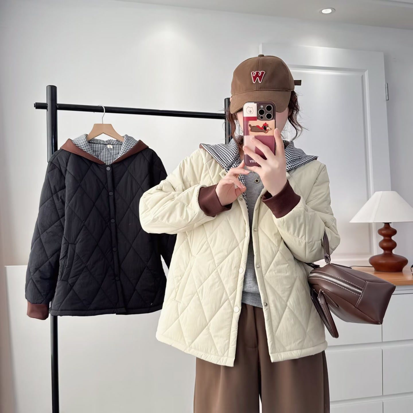 大码女装遮肚子胖mm秋冬款连帽百搭显瘦菱格休闲保暖棉服外套2519