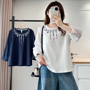 新款 民族风刺绣拼接圆领T恤女秋季 正肩上衣显瘦2558 胖mm时尚 大码