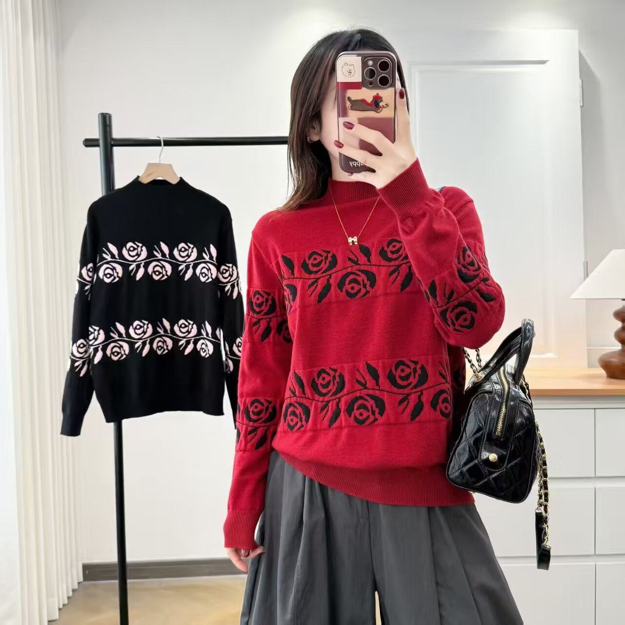 大码女装遮肚子秋冬玫瑰提花针织衫半高领加厚设计感毛衣上衣378,女装/女士精品,大码内搭,淘宝优惠券,粉丝福利购,淘宝优惠卷