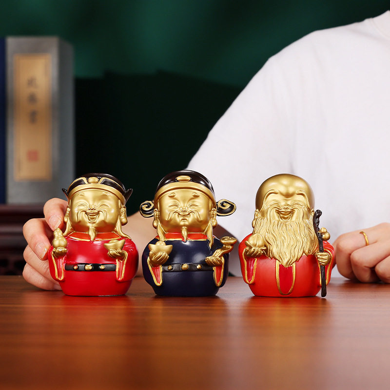 国潮彩铜福禄三寿星一套摆件黄铜