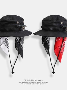 街舞战术机能黑色渔夫帽子男潮牌嘻哈街头遮阳防晒腰果花方巾盆帽