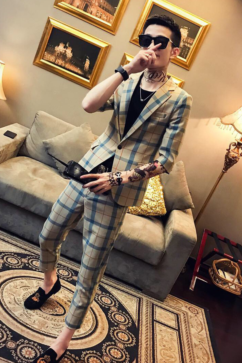 夏季新款社会小伙大格子短袖西服西裤西装套装A328-1922-P135,男装西服套装,星座406