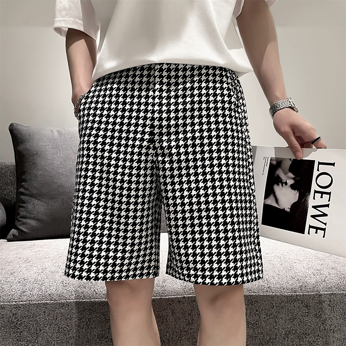 夏季宽松黑白格纹短裤男韩版轻熟百搭休闲裤A328-21099-P45控65,男装休闲裤,星座406