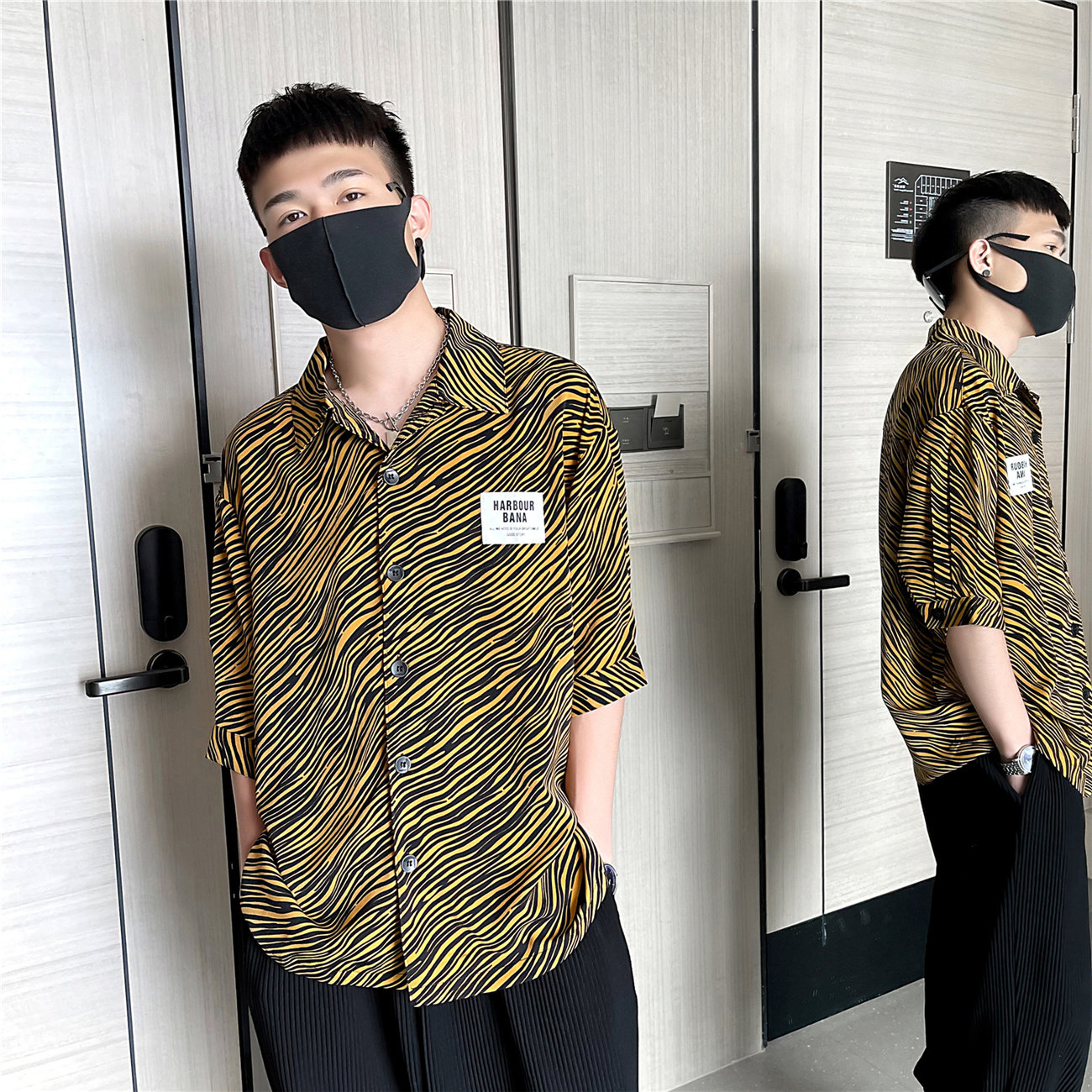 夏季新款带标印染花衬衫男长袖衬衣豹纹宽松A328-21302-P50控70图片