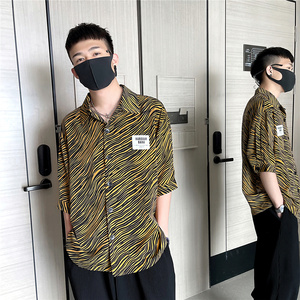 夏季新款带标印染花衬衫男长袖衬衣豹纹宽松A328-21302-P50控70图片
