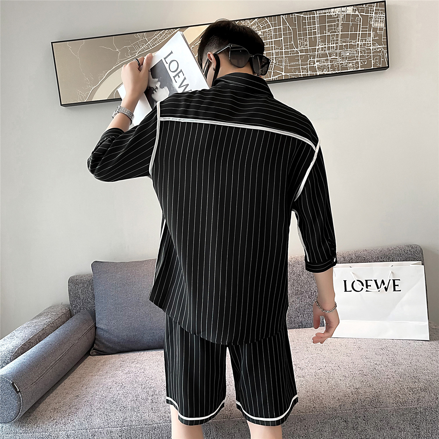 韩版休闲夏季新款条纹中袖衬衫+短款套装男A328-21310-p105控145,男装休闲套装,星座406
