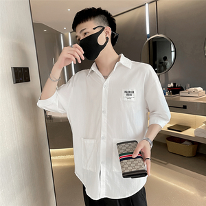 夏季港风宽松休闲衬衫男七分袖背面烫钻小熊A328-21305-P55控70图片