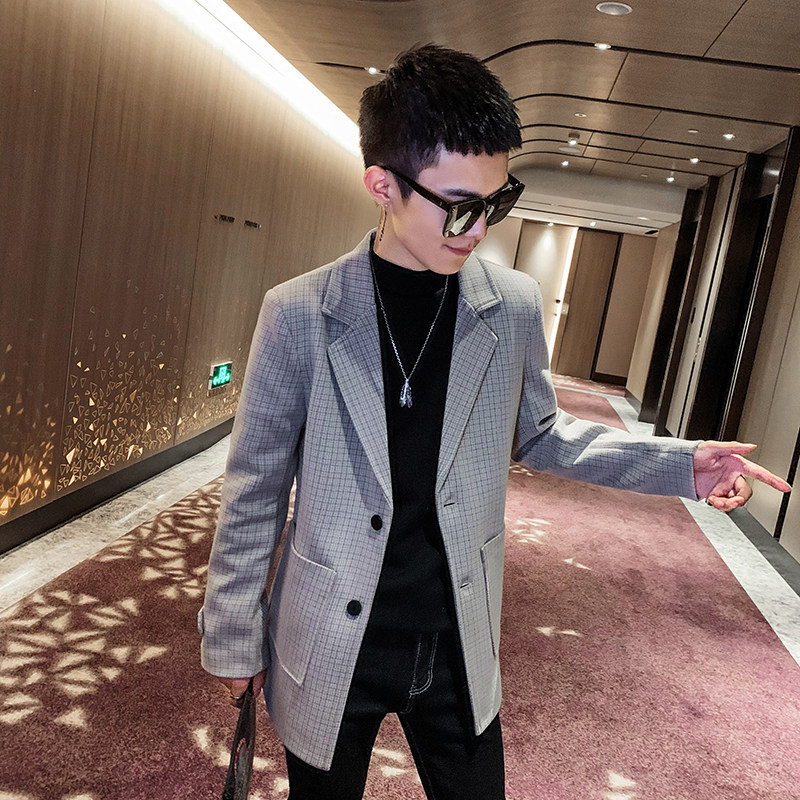 格子呢料中长款呢子大衣社会小伙秋冬新款外套A328-20383-P115,男装毛呢大衣,星座406