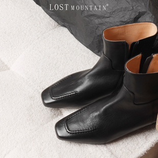 孤山定制水洗牛皮粗跟短靴百搭瘦瘦靴女2024新款方头大码烟筒单靴