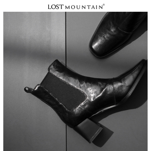 孤山定制方头粗跟短靴子基础款套筒切尔西女靴2024新款高跟瘦瘦靴