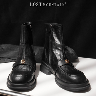 孤山定制真皮厚底瘦瘦靴2025新款方头粗跟短靴女复古风大码单靴子