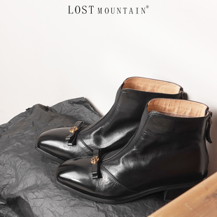 孤山定制水洗牛皮手工短靴女山茶花粗跟单靴子2024新款大码瘦瘦靴