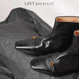 孤山定制水洗皮手工平底短靴方头瘦瘦靴女2024新款山茶花大码靴子