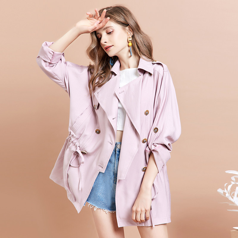 阿卡风衣女中长款韩版春秋2020新款流行设计感小众大衣双排扣外套