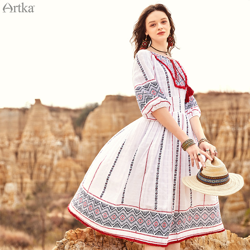 Artka°¢¿¨2018Ïļ¾ÐÂÆ·Ó¡»¨Ïµ´øÁ÷ËÕ´ó°Ú³¤È¹Á¬ÒÂȹŮLA10185Q