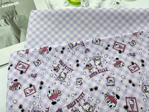 全棉8安帆布高密紫色格子猫咪卡通外套桌布包包背带裤布料
