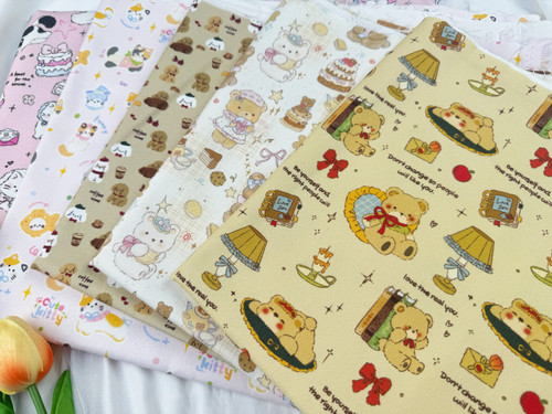 设计师款全棉8安帆布高密棕熊粉底猫咪包包外套桌布手工数码