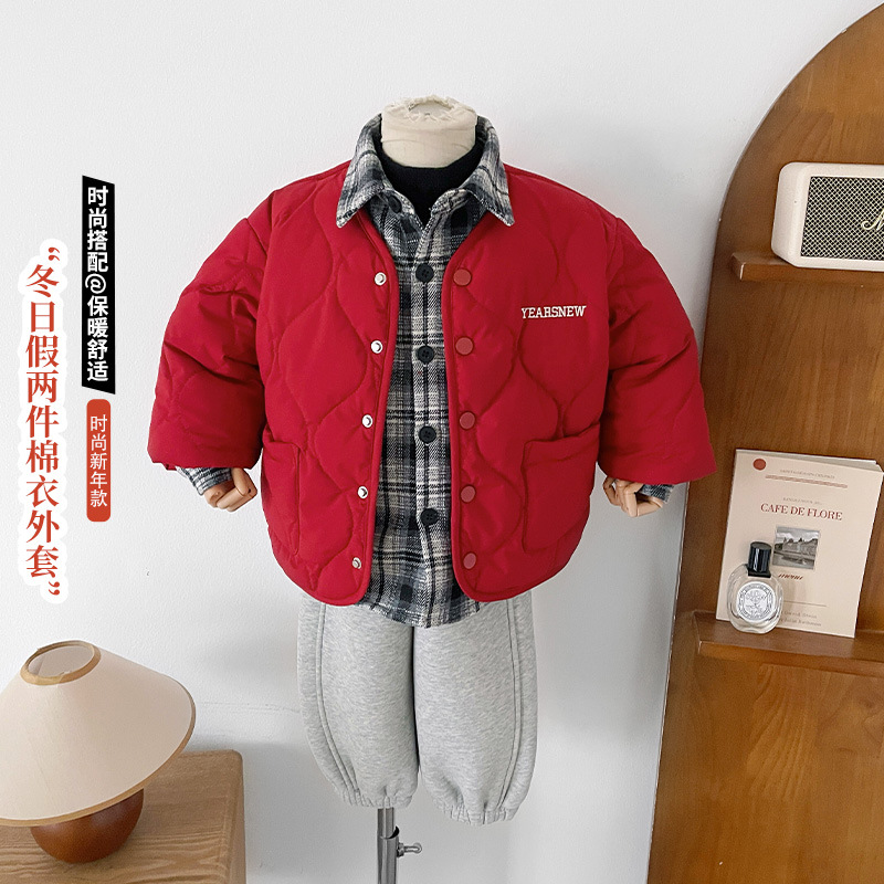 2025冬新款个性拼接男童假两件棉服韩版帅气字母外套新年款