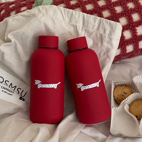 新年圣诞高级感正红色磨砂小狗不锈钢保温杯 可爱斑点修狗随行杯