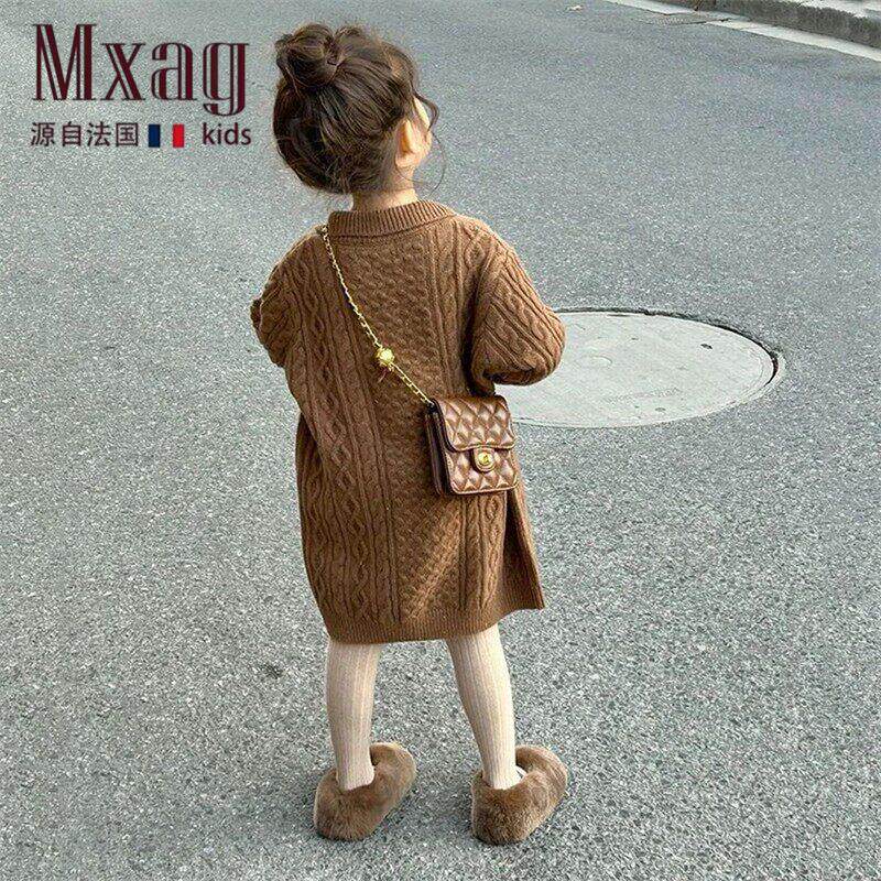 MXAG法国女童连衣裙秋冬款儿童韩版套头中长款麻花纹毛衣针织裙