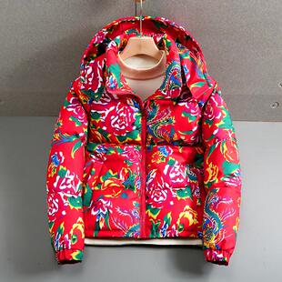 国潮东北大花中国棉袄男女款牡丹花冬季短款棉衣网红加厚保暖棉服