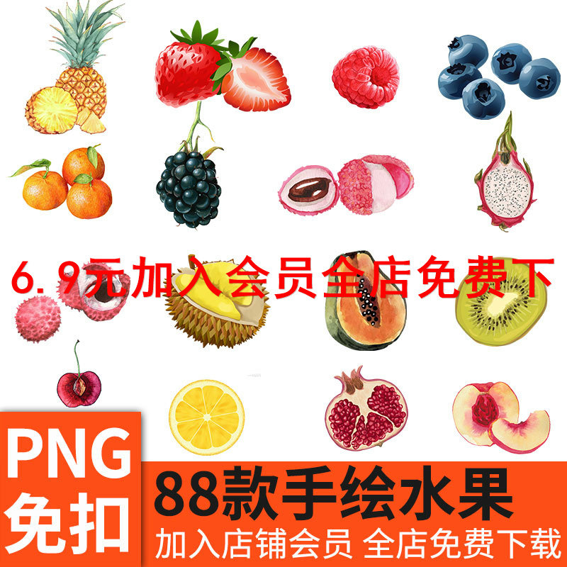 手绘水果png 水彩西瓜石榴芒果火龙果草莓菠萝木瓜荔枝柠檬