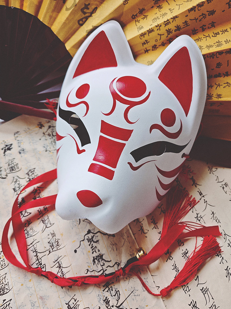 日系和风手绘狐狸狗半脸pvc塑料面具舞台漫展汉服拍照道具红黑色