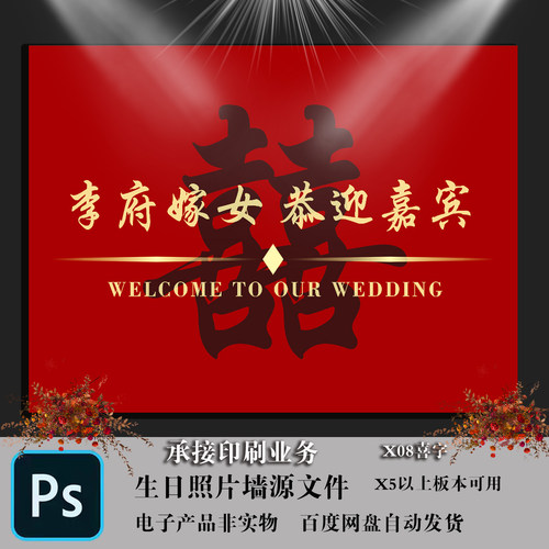 红色新中式喜庆结婚礼背景素材PSD嫁女迎宾海报模版LED出阁宴KT板