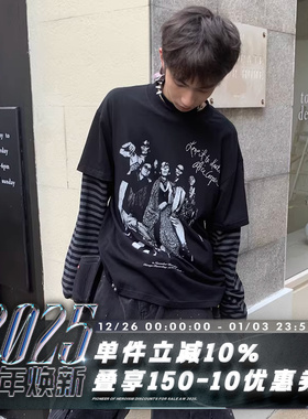 POH 24AW 德怀特库珀底特律摇滚颓废195g假两件boxy条纹长袖T恤