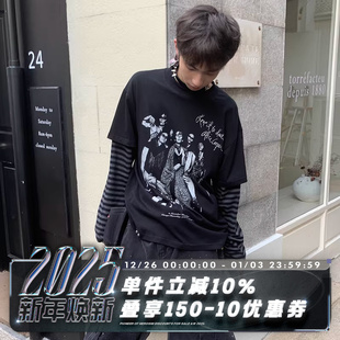 T恤 德怀特库珀底特律摇滚颓废195g假两件boxy条纹长袖 POH 24AW