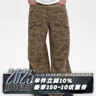 PANTS SAND 戈壁花色洗褪 铆钉绑带褶皱 POH 直筒微喇迷彩裤 CAMO