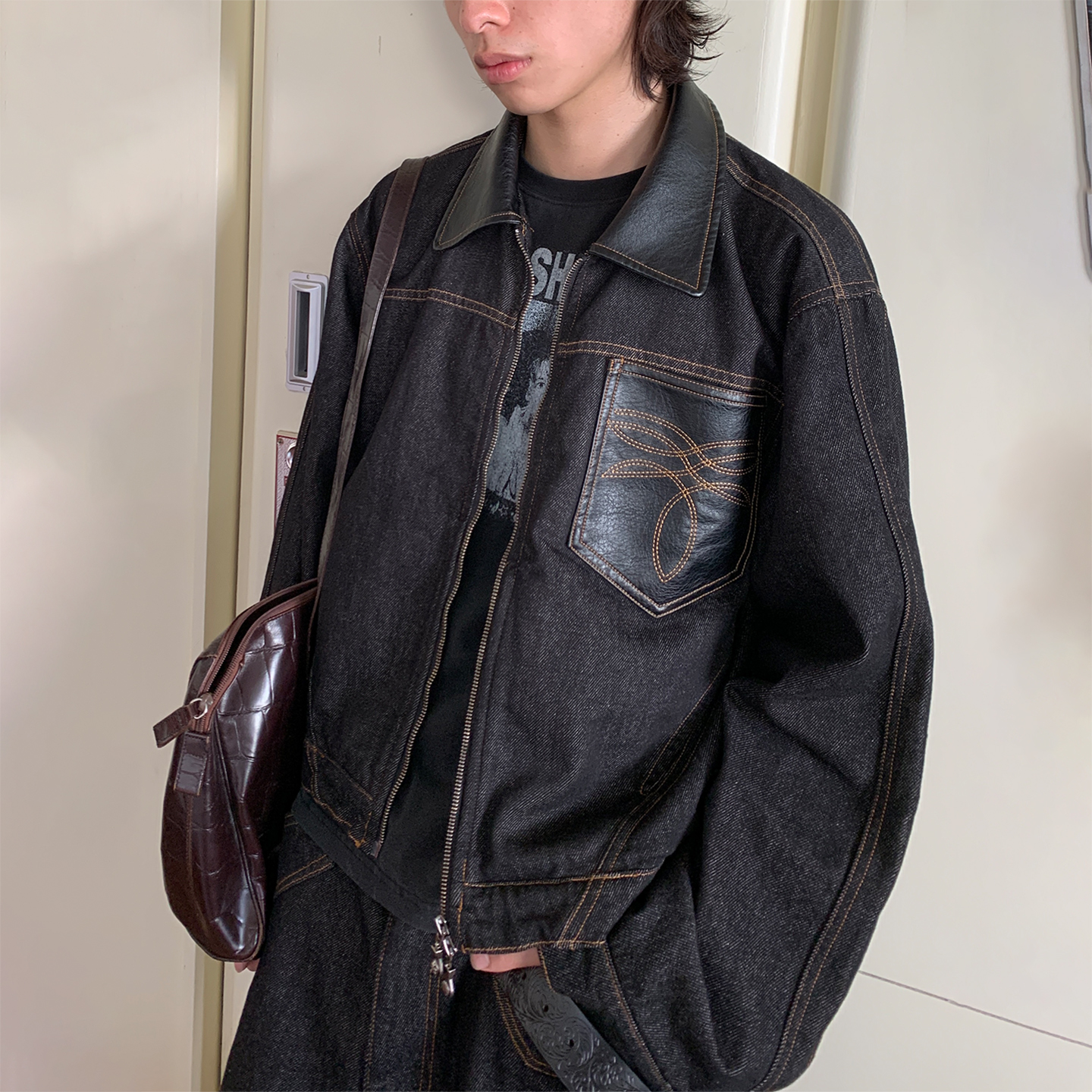 POH蝴蝶袋绣裂纹皮领原牛夹克