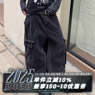 铃鹿重工地面师洗旧铆钉织带拼接做旧洗水泼墨牛仔裤 POH 24AW