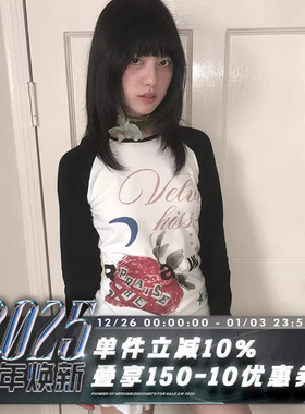 POH 24AW 后摇草莓连帽修身210g印花轻朋克黑白拼色插肩长袖T恤