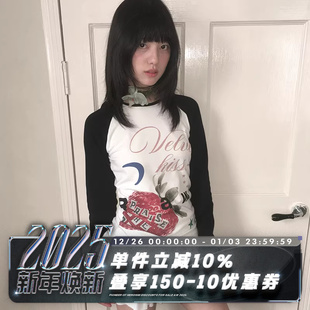 210g印花轻朋克黑白拼色插肩长袖 后摇草莓连帽修身 T恤 24AW POH