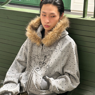 音符涂鸦 SADSOUP 400G加绒连帽卫衣 毛领 猎装 HOODIE 爱心波点