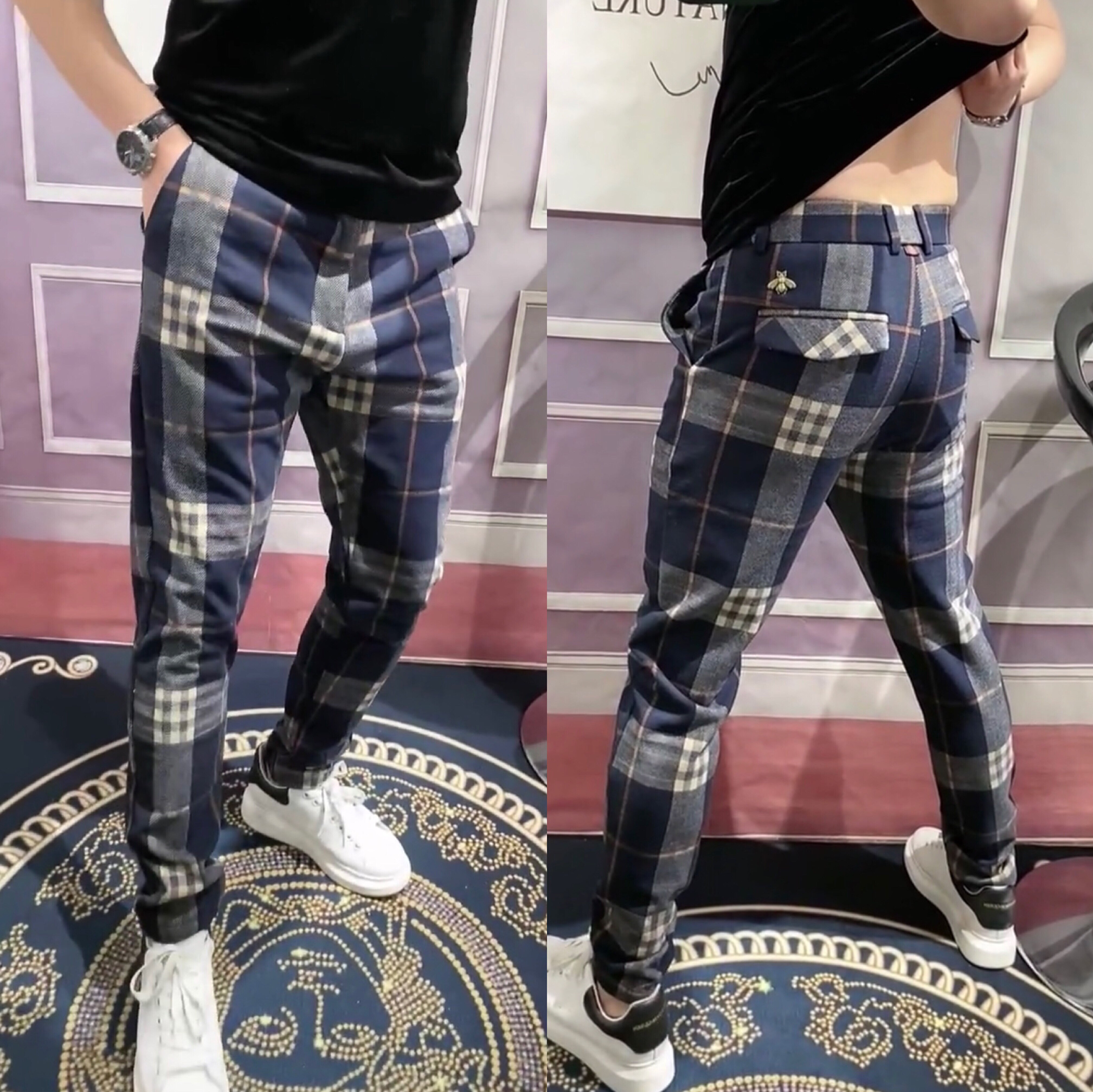 春季蓝色条纹格子网红潮流休闲裤