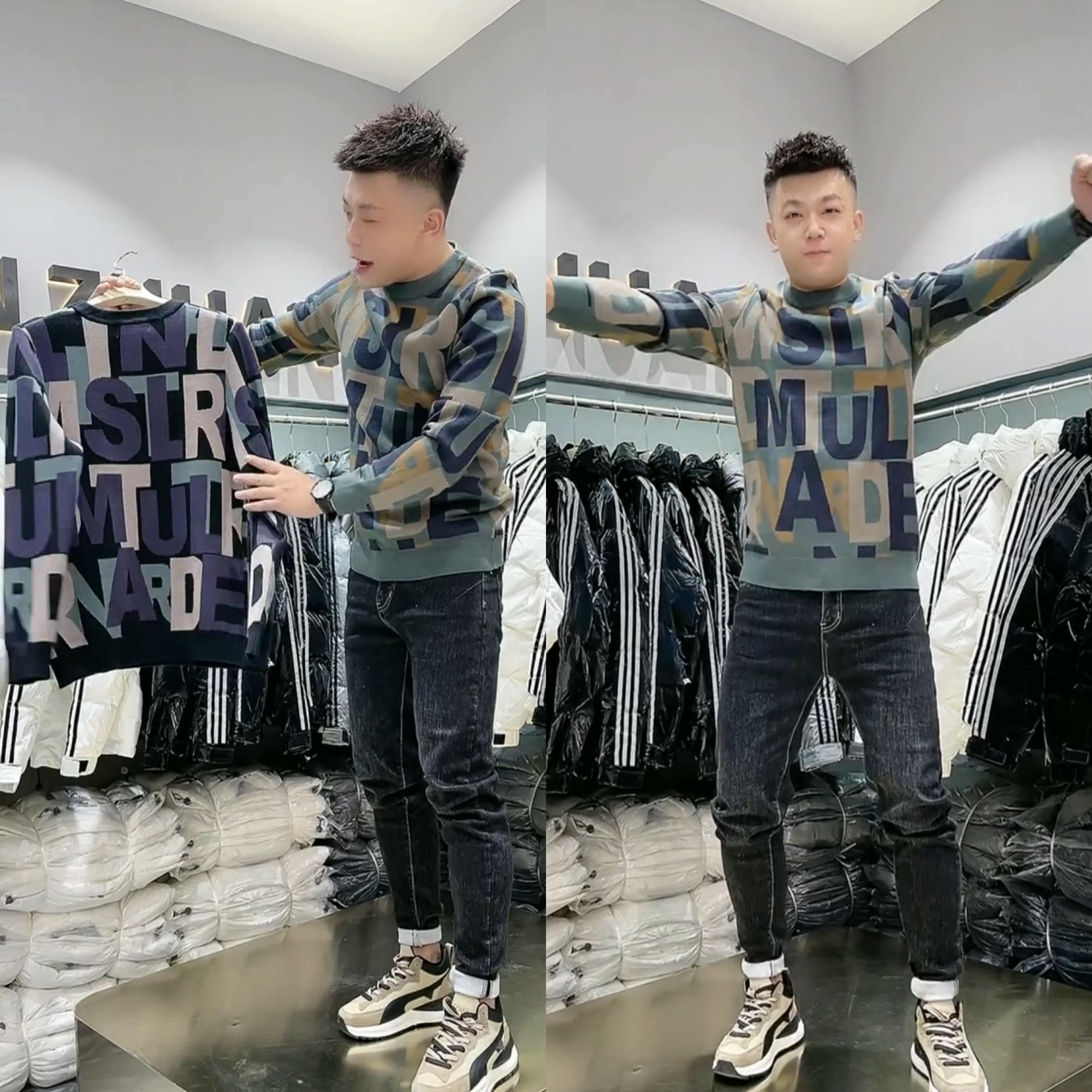 9792秋冬男士长袖针织毛衣时尚花色撞色少年套头冬季打底衫男潮流
