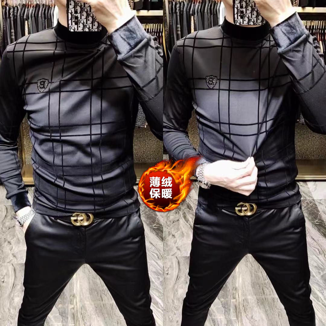 冬季加绒男士欧货商务条纹高领衫