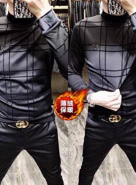 3998秋冬男士欧货商务条纹高领商务休闲T恤冬季加绒保暖长袖小衫