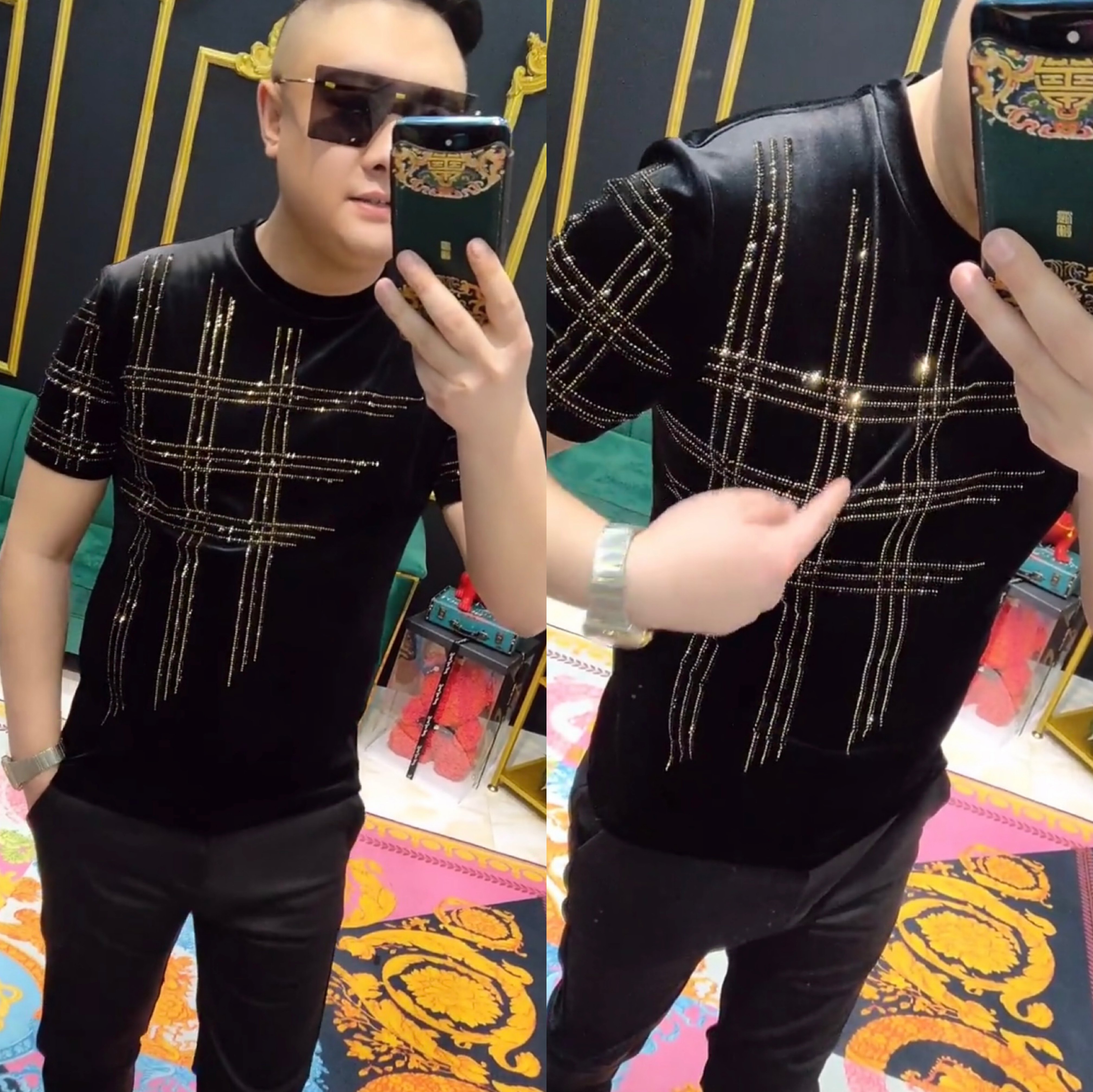 金丝绒烫钻短袖商务休闲中年T恤