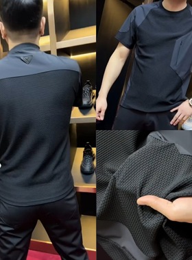 68101夏季新款潮流男士透气上衣圆领短袖时尚拼接休闲弹力宽松T恤