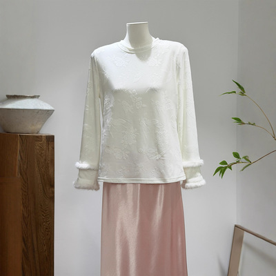 新中式国风加绒肌理感打底衫女秋冬新款兔毛拼接气质白色内搭