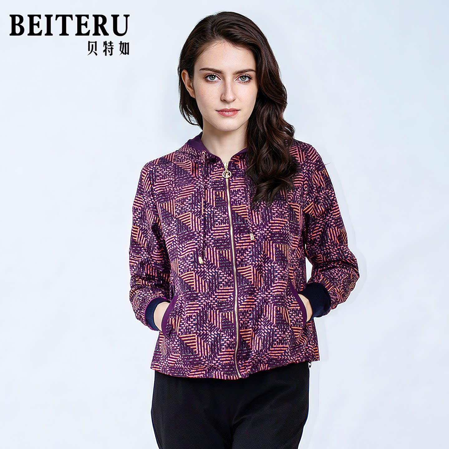 贝特如春季中老年女装紫色连帽外套拉链开合风衣休闲时尚妈妈装EF - 欧玛奇服饰专营店出品