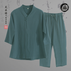 棉麻中国风唐装男青年潮牌复古衬衫短袖Tt恤亚麻套装禅意居士汉服