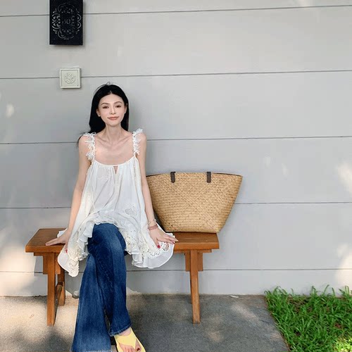 显瘦拼接刺绣手工吊带连衣裙女