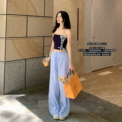 显瘦夏日交叉系带弹力抹胸上衣女